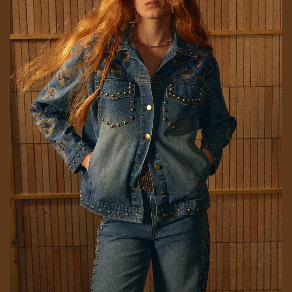 Blue Denim Studded Jacket with Gold Southwestern Print